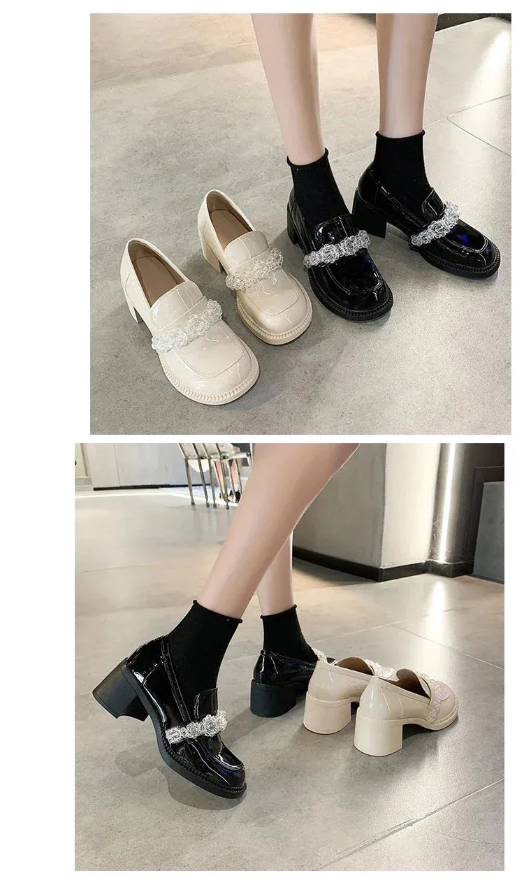 Hnzxzm British Style Slip On Shoes For Women White Sneakers Clogs Platform Loafers With Fur Square Toe Oxfords Female Footwear Preppy