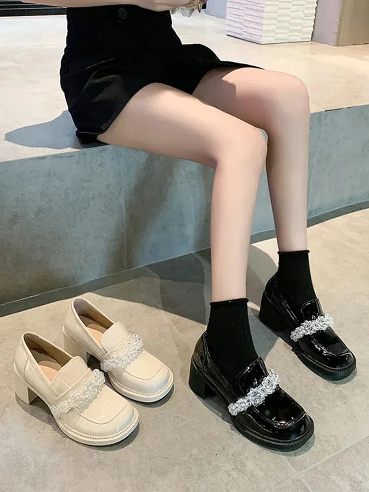 Hnzxzm British Style Slip On Shoes For Women White Sneakers Clogs Platform Loafers With Fur Square Toe Oxfords Female Footwear Preppy