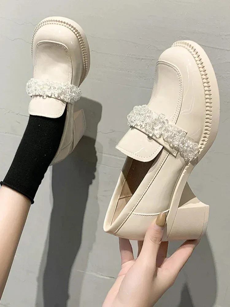 Hnzxzm British Style Slip On Shoes For Women White Sneakers Clogs Platform Loafers With Fur Square Toe Oxfords Female Footwear Preppy