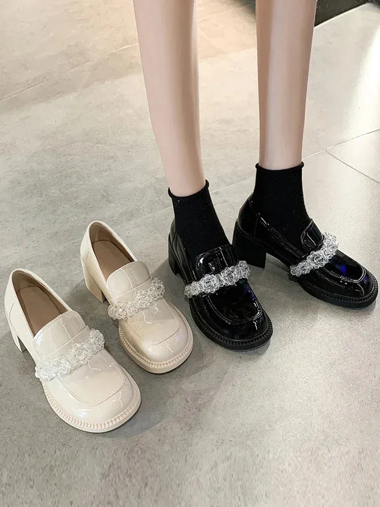 Hnzxzm British Style Slip On Shoes For Women White Sneakers Clogs Platform Loafers With Fur Square Toe Oxfords Female Footwear Preppy
