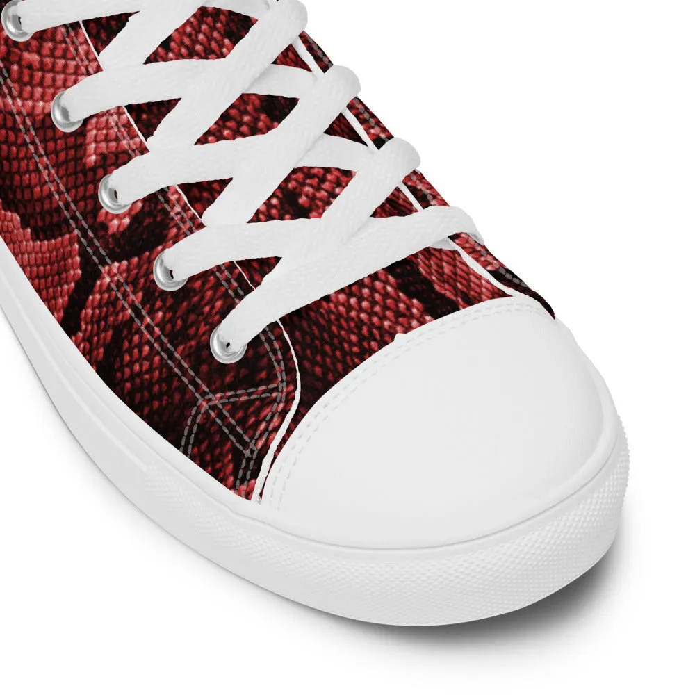 Red Snake Print Men's Sneakers, Modern Python Stylish Snake Print Designer Men's High Top Tennis Shoes (US Size: 5-13)