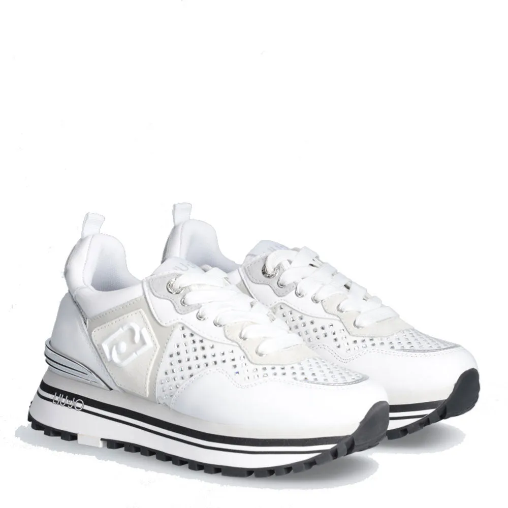 Scarpe Donna LIU JO Maxi Wonder 01 Sneakers Platform in Pelle Bianca con Strass