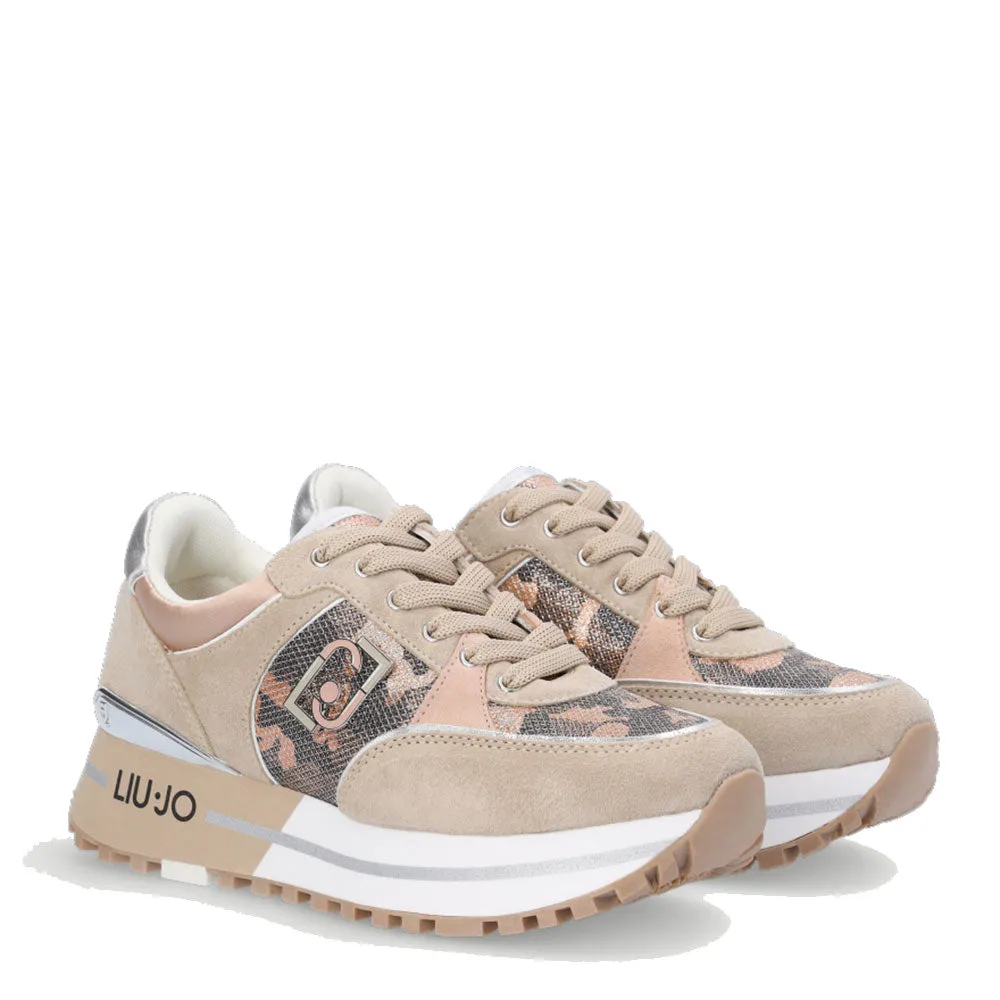 Scarpe Donna LIU JO Sneakers Platform Maxi Wonder 20 in Suede e Mesh Camouflage colore Daino e Phard