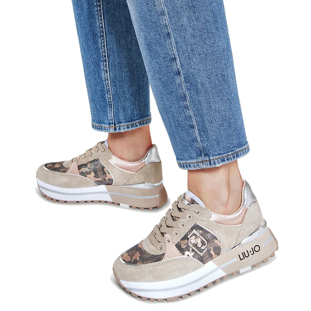Scarpe Donna LIU JO Sneakers Platform Maxi Wonder 20 in Suede e Mesh Camouflage colore Daino e Phard