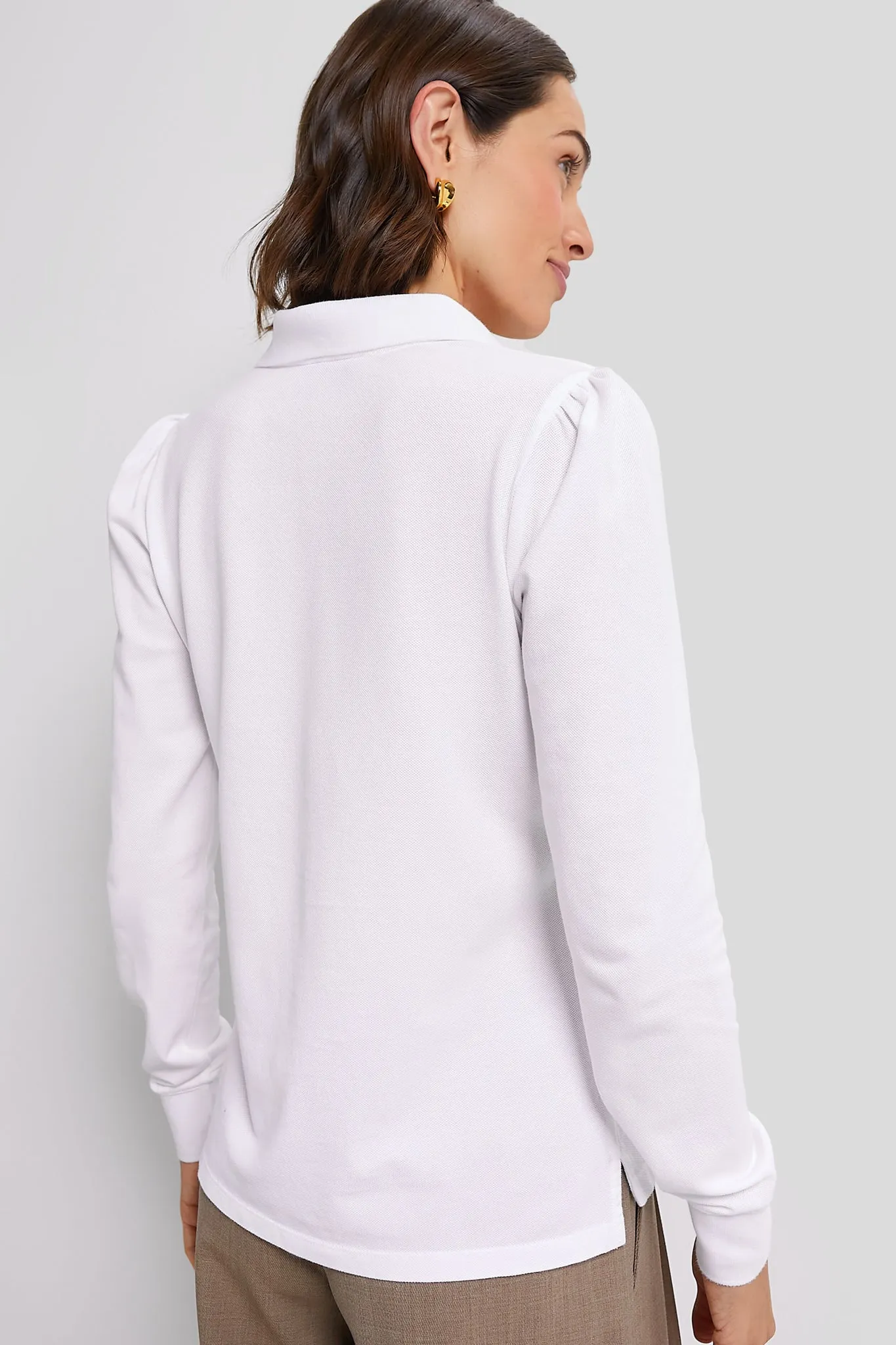 White Long Sleeve Pique Puff Sleeve Peggy Polo